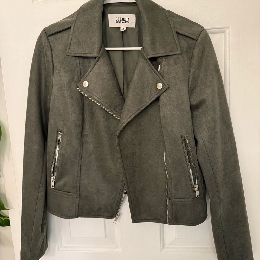 BB Dakota Green Leather Moto Jacket Asymmetrical Zipper